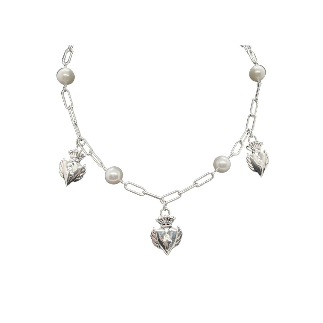 Triple LaLa Charm Silver & Pearl Necklace