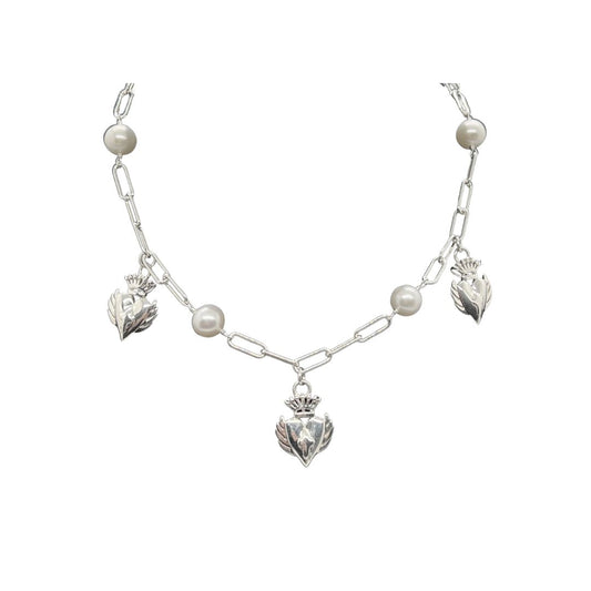Triple LaLa Charm Silver & Pearl Necklace