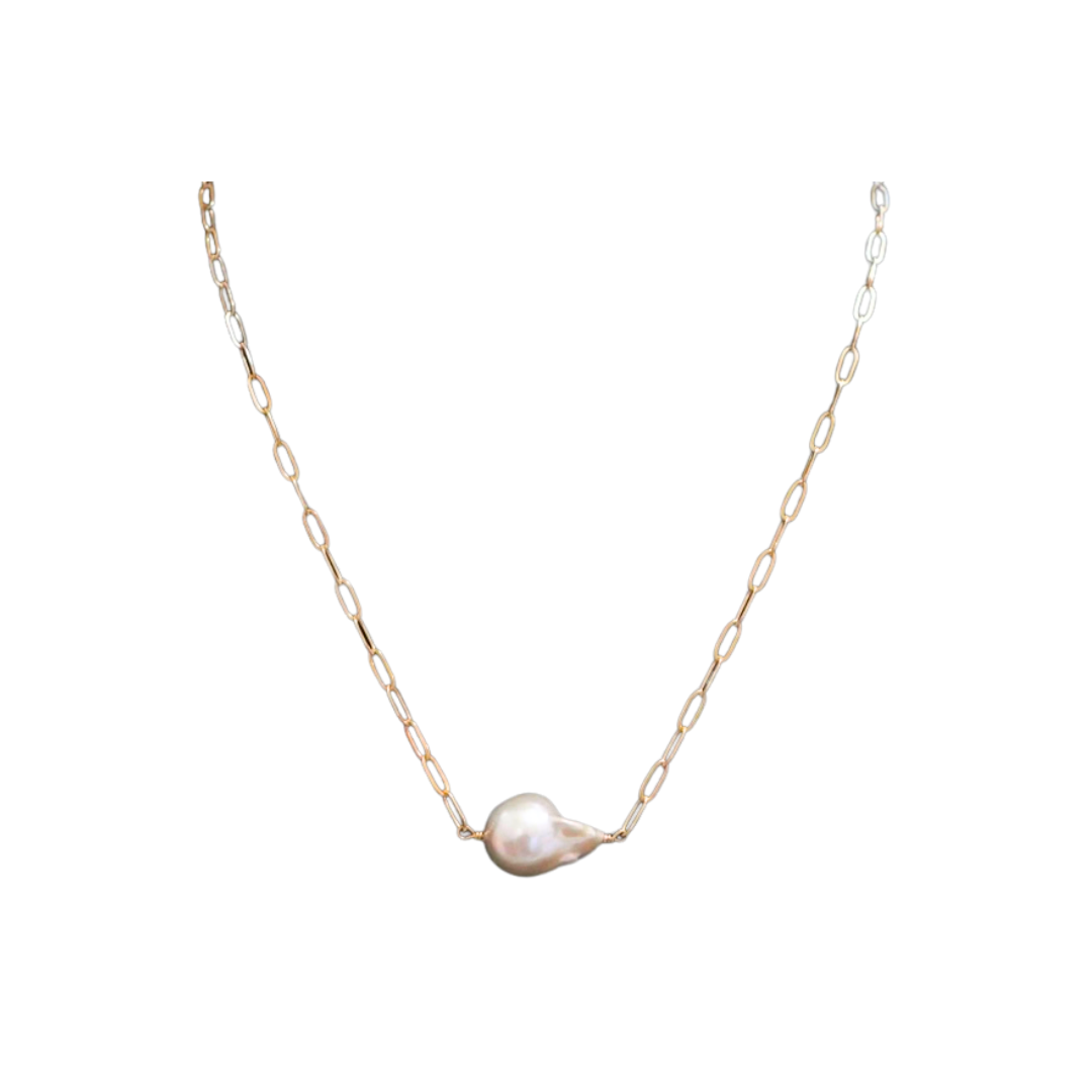 Gold Baroque Pearl Paperclip Chain Necklace