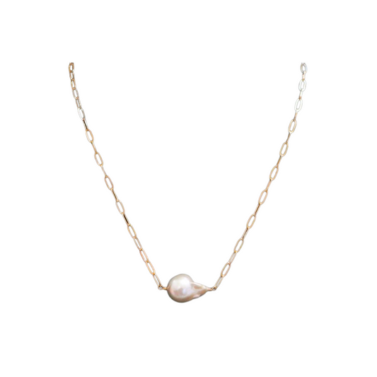 Gold Baroque Pearl Paperclip Chain Necklace