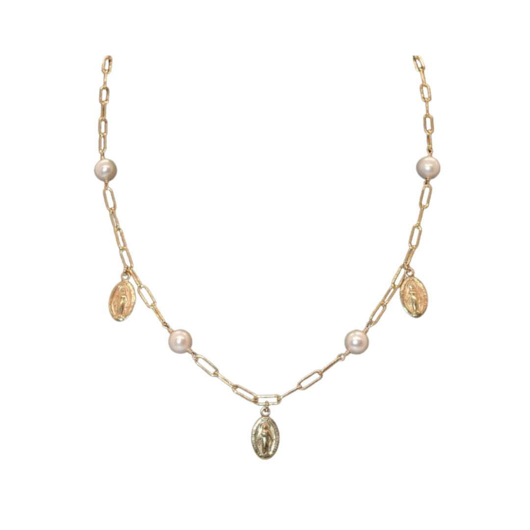 Virgin Mary Charm & Pearl Necklace