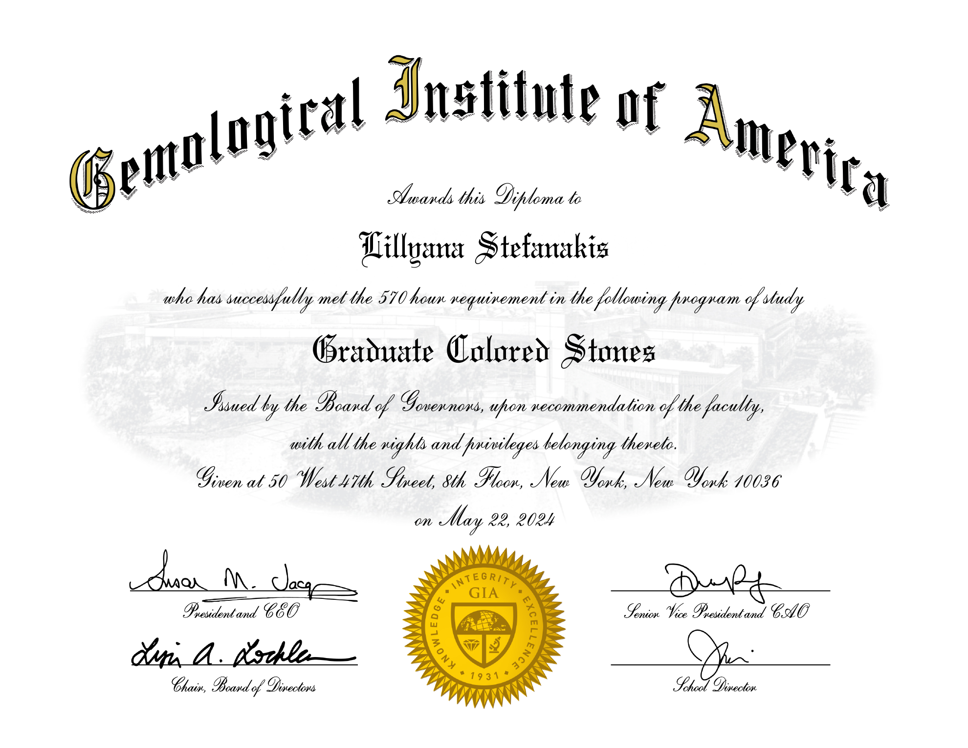 GIA Graduate Colored Stones diploma awarded to Lillyana Stefanakis