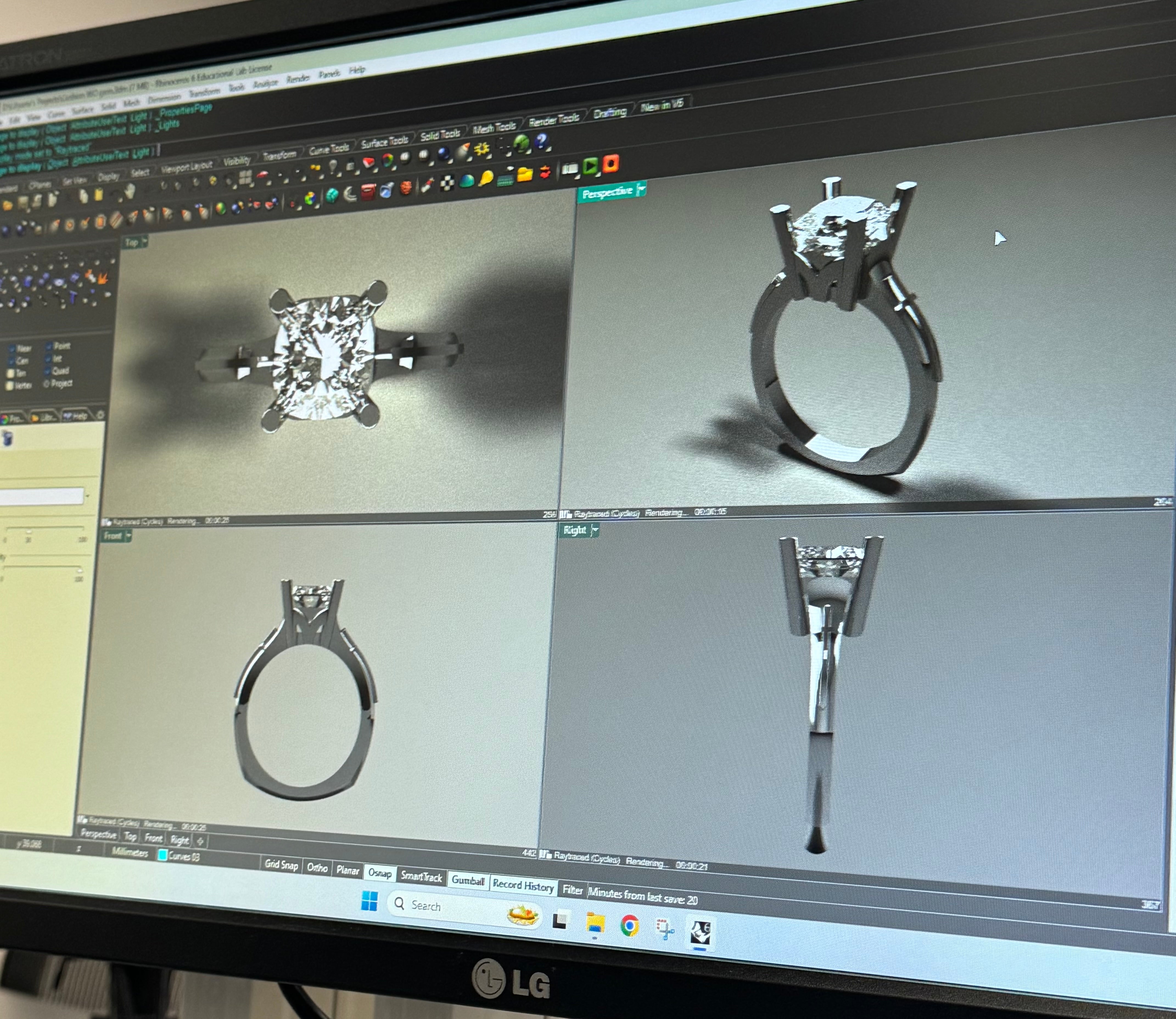 Custom engagement ring CAD design on screen