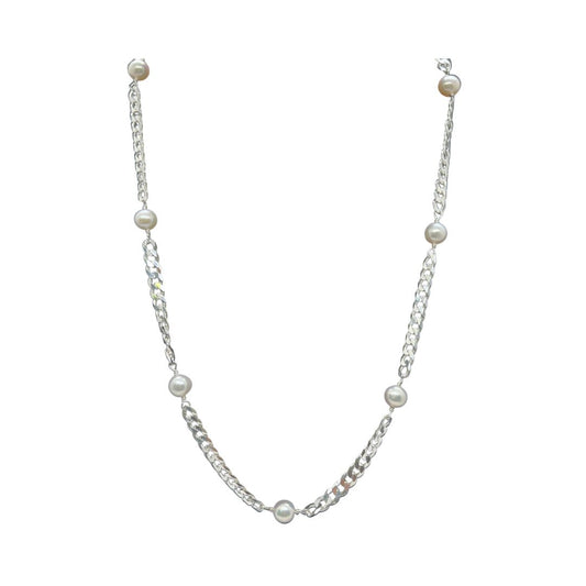 Pearl & Silver Curb Chain Necklace