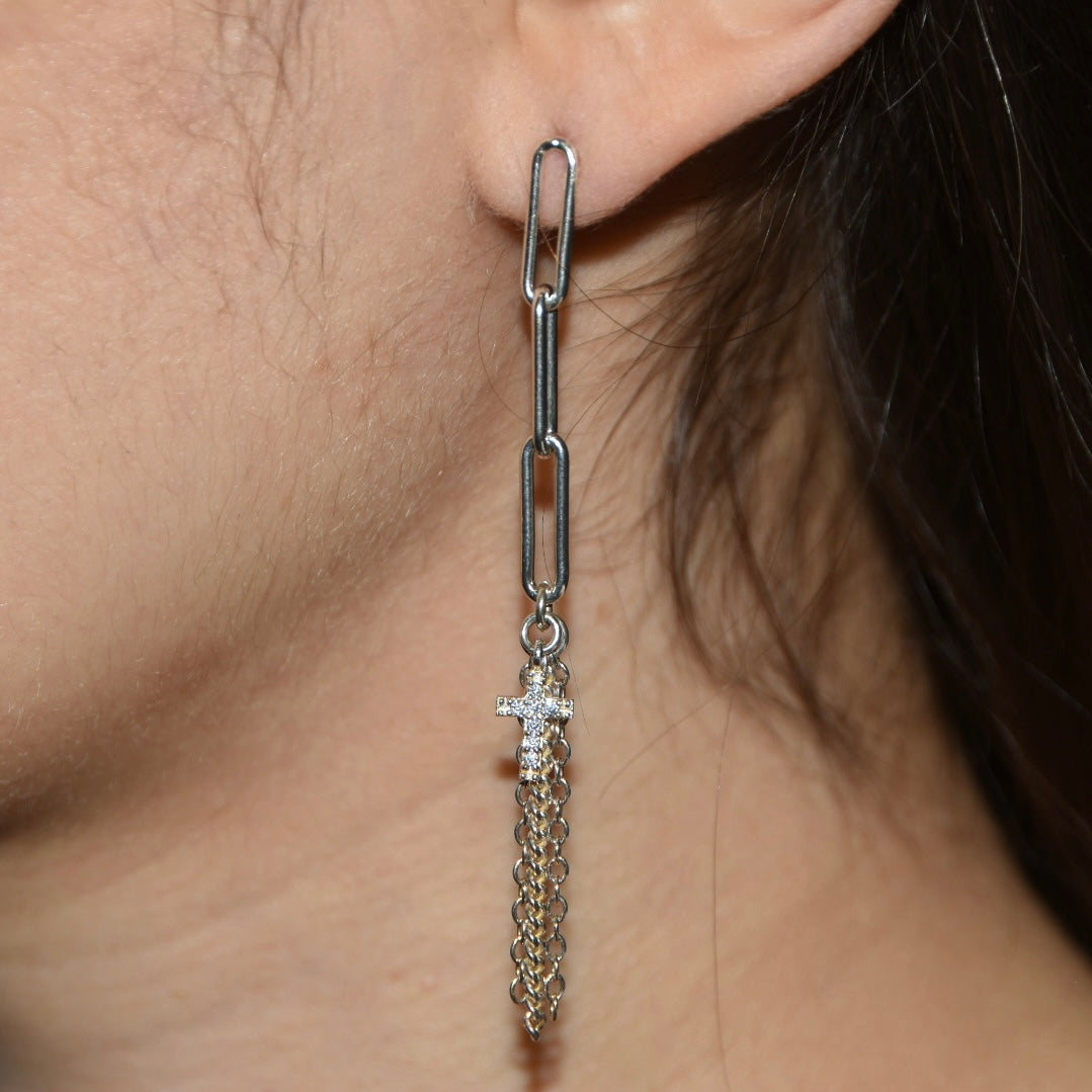 Long Modern Chain & Cross Earrings