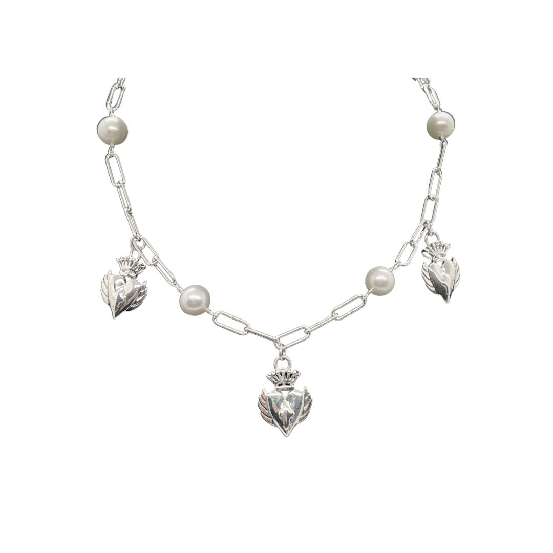 Triple LaLa Charm Silver & Pearl Necklace
