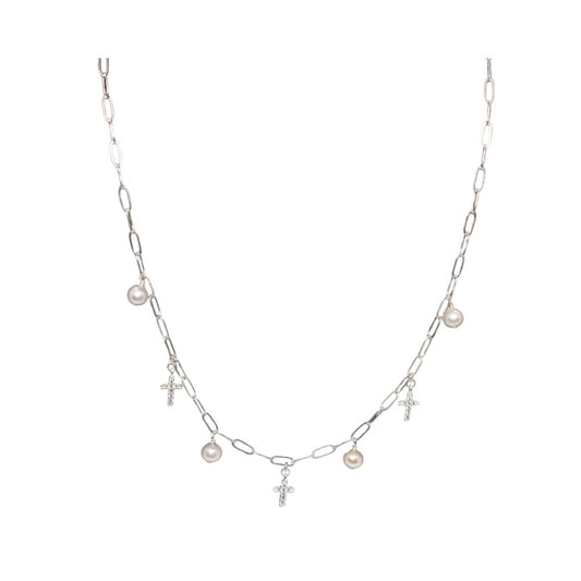 Pearl & Cross Fringe Necklace