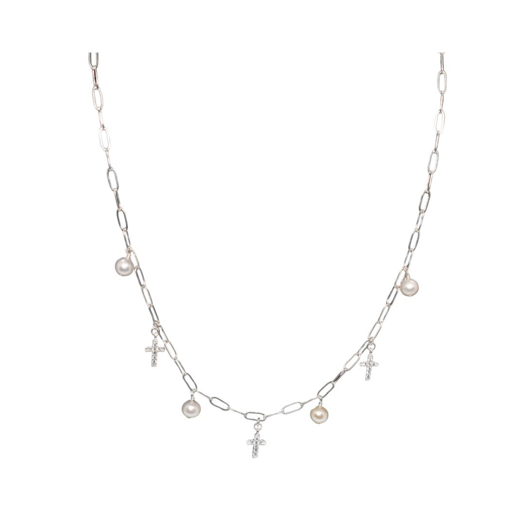 Pearl & Cross Fringe Necklace