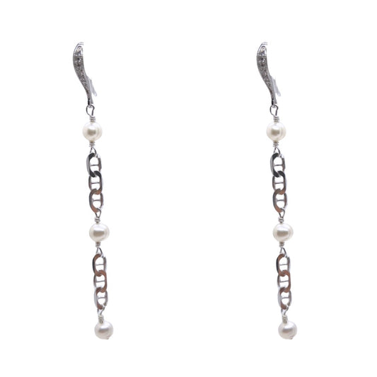 Silver Pearl & Chain Earrings