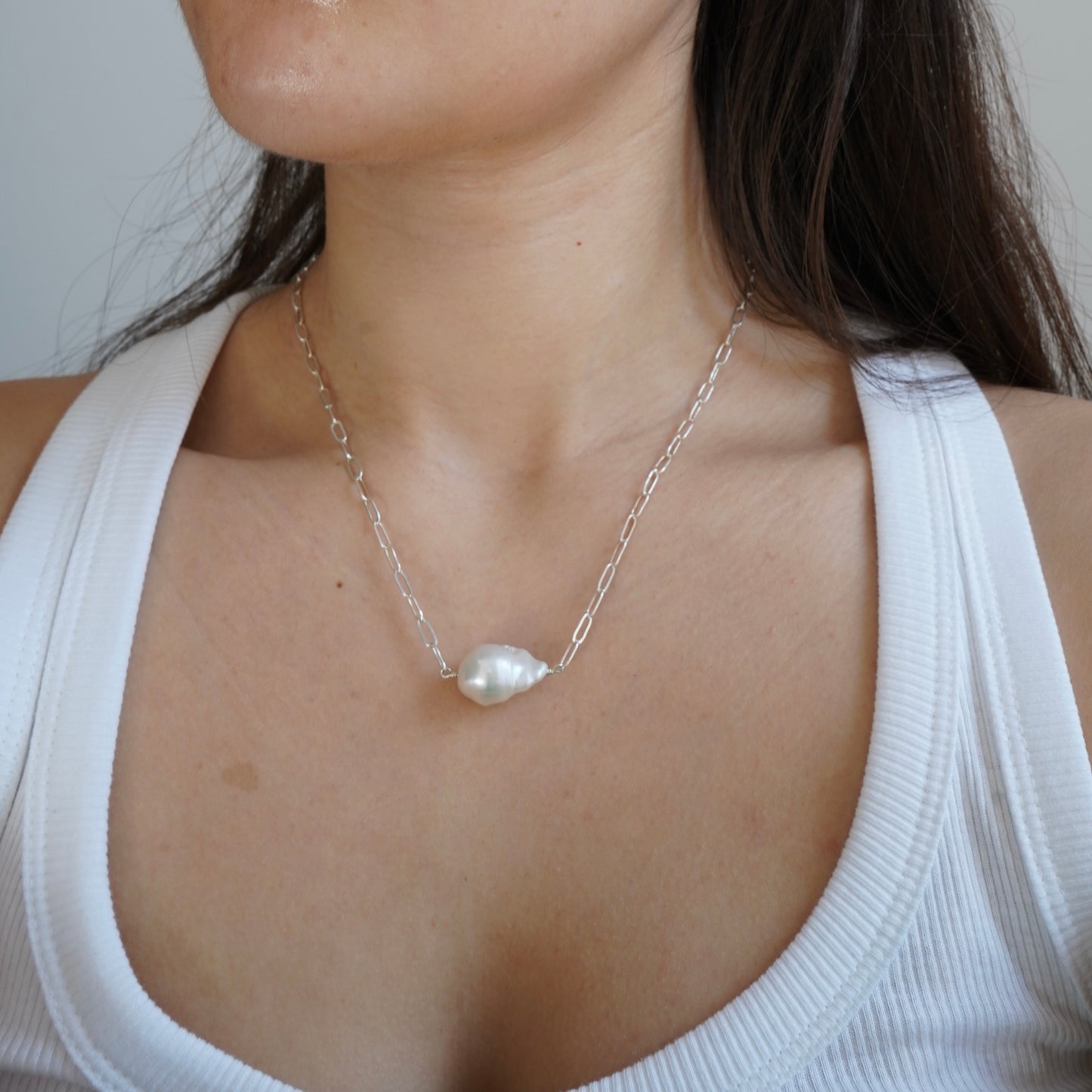 Silver Baroque Pearl Paperclip Chain Necklace