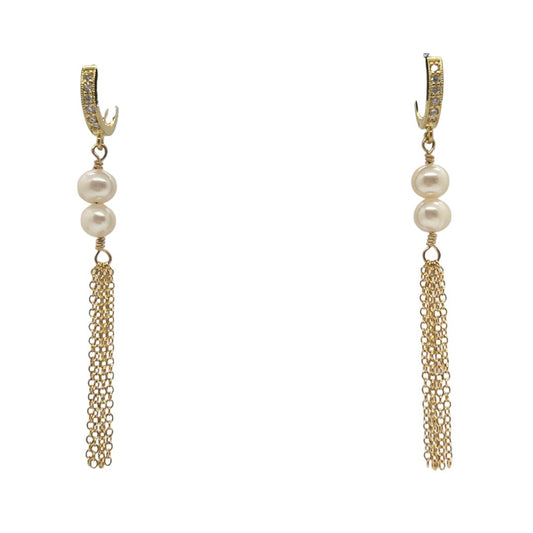 Double Pearl Gold Dangle Earrings