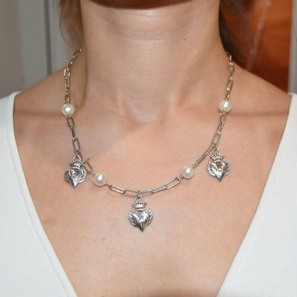 Triple LaLa Charm Silver & Pearl Necklace