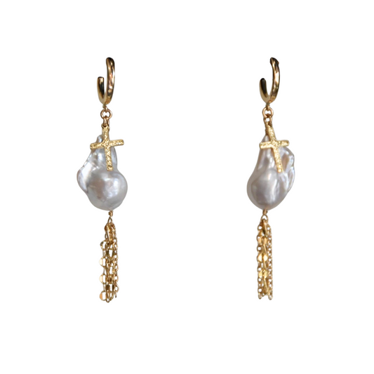 Cross & Baroque Pearl Earrings