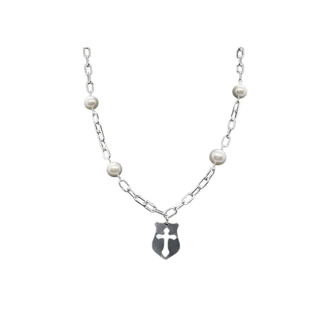 Cross Shield & Pearl Necklace