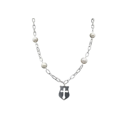 Cross Shield & Pearl Necklace
