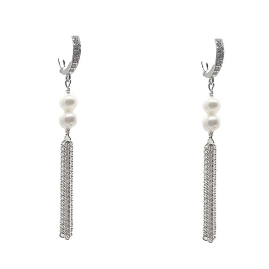 Double Pearl Silver Dangle Earrings