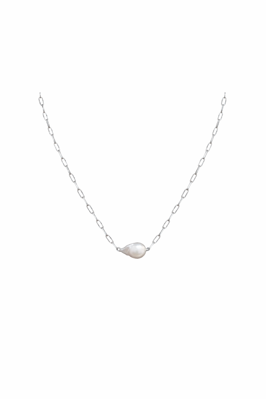 Silver Baroque Pearl Paperclip Chain Necklace