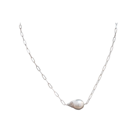 Silver Baroque Pearl Paperclip Chain Necklace