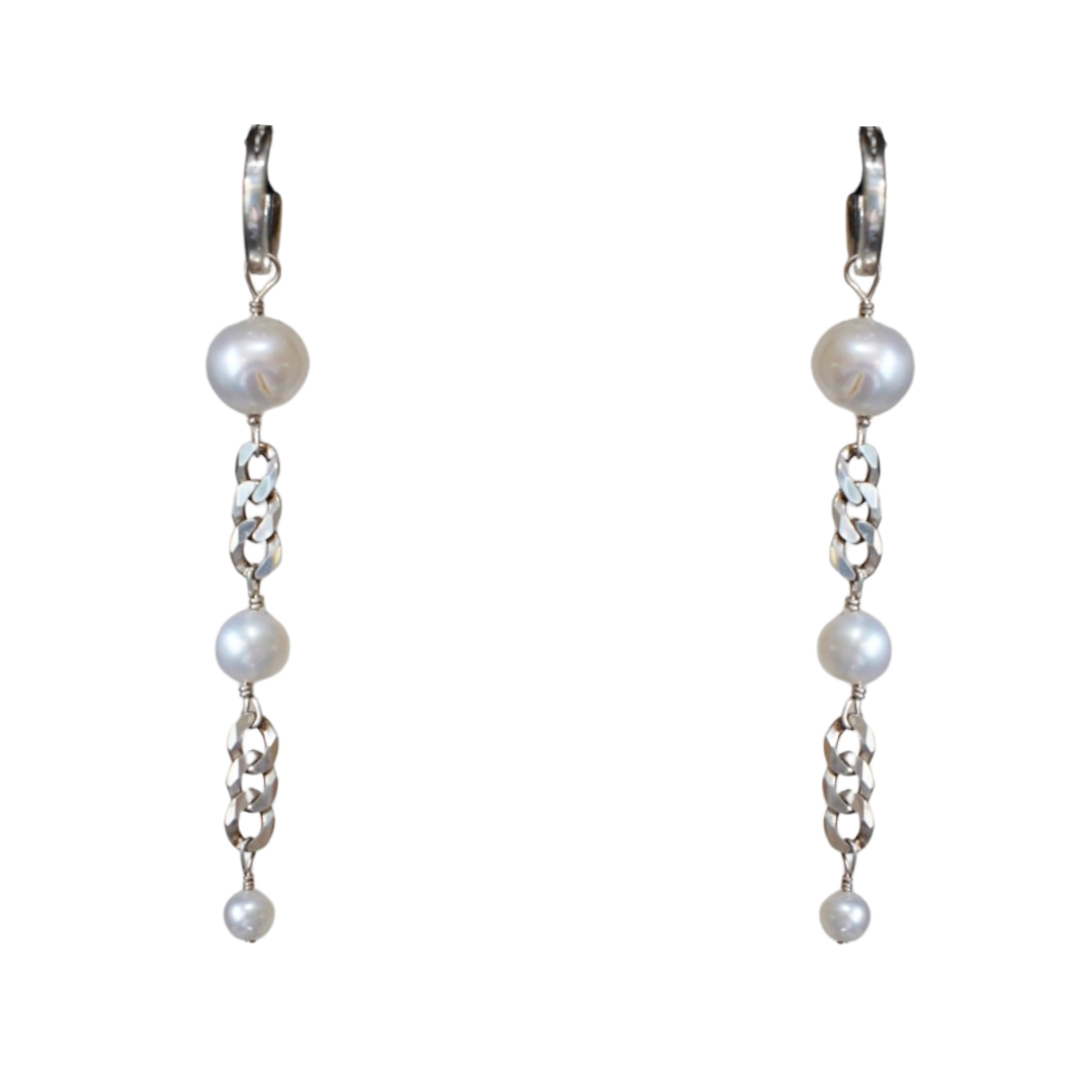 Silver Pearl & Chain Earrings