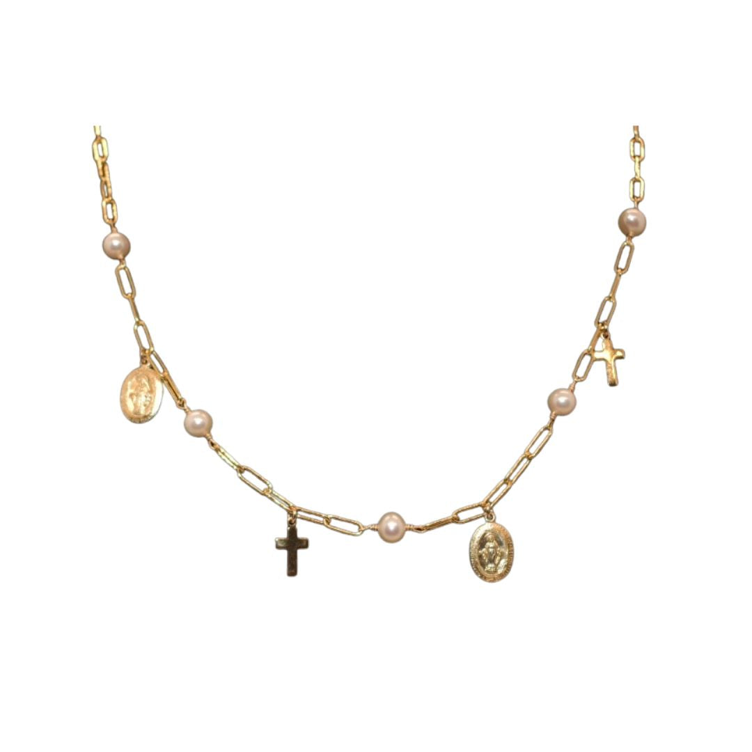 Cross & Charm Pearl Necklace