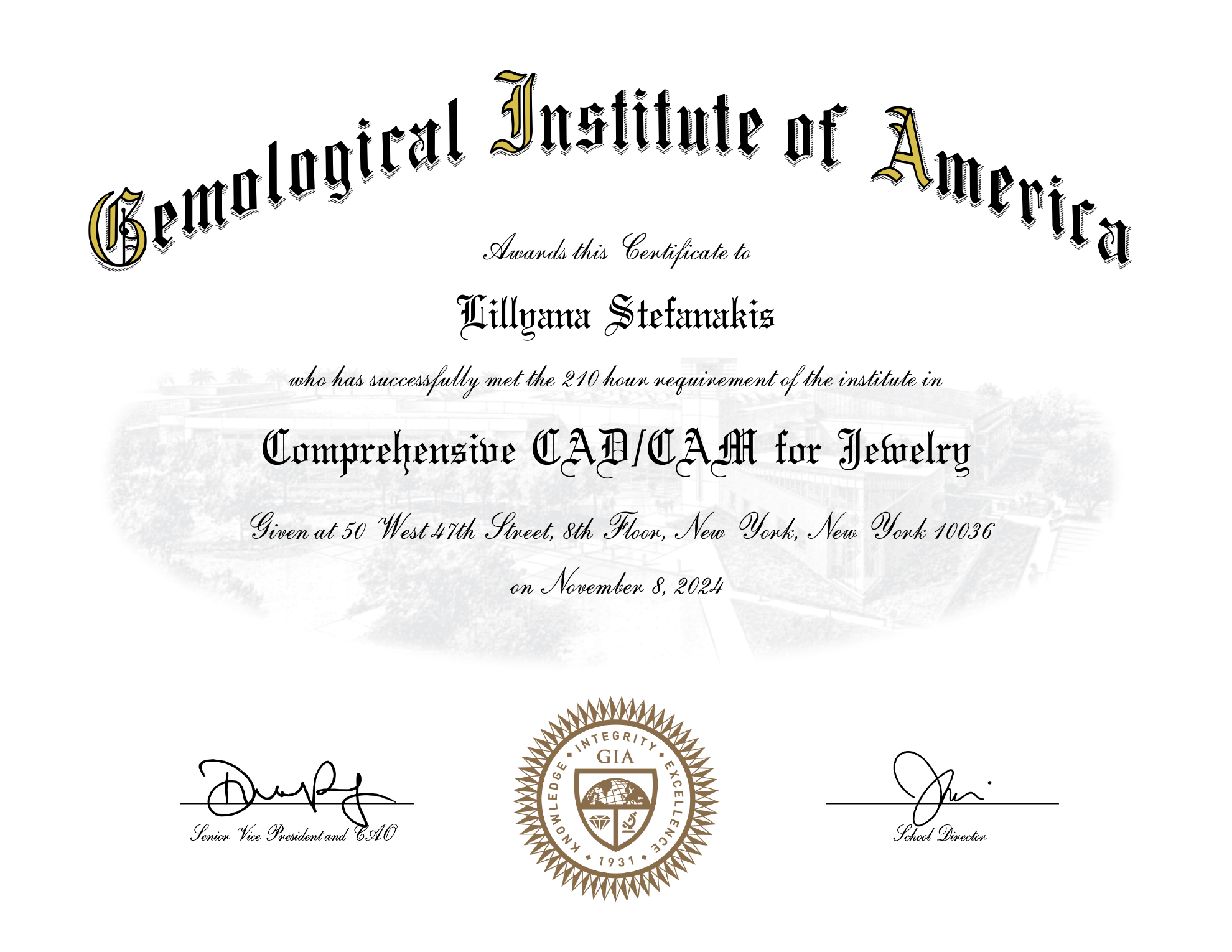 GIA Comprehensive CAD CAM for Jewelry certificate awarded to Lillyana Stefanakis