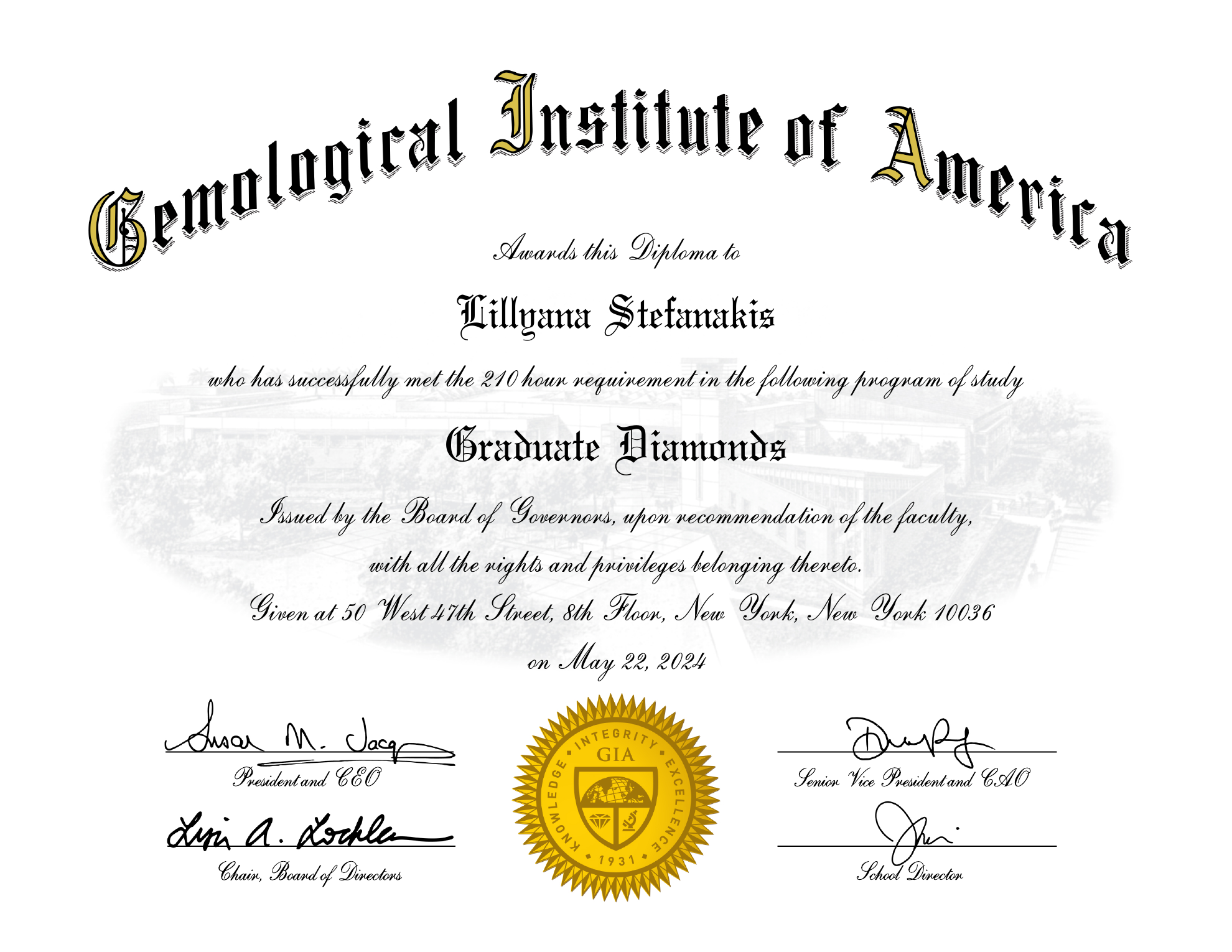 GIA Graduate Diamonds diploma awarded to Lillyana Stefanakis