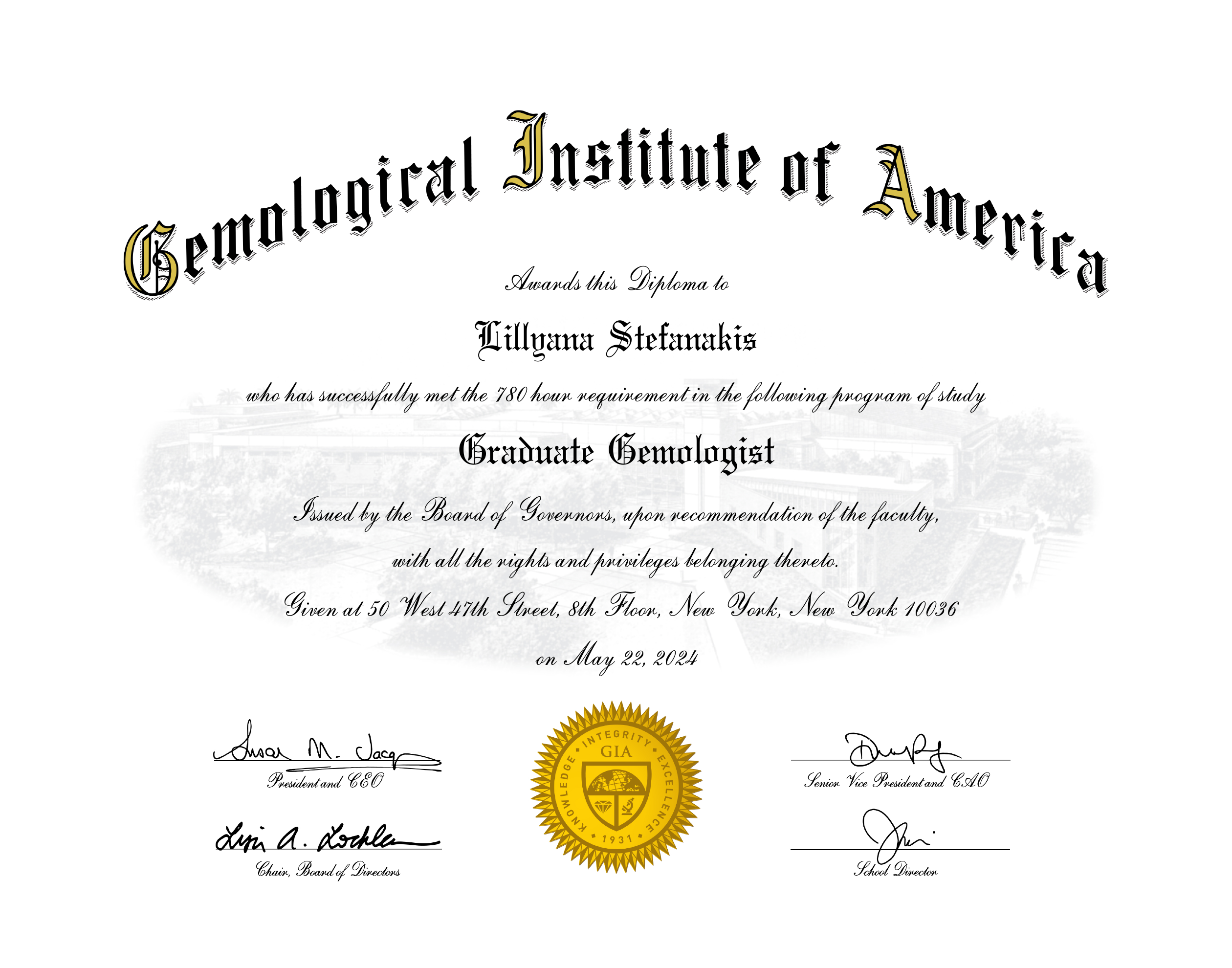 GIA Graduate Gemologist diploma awarded to Lillyana Stefanakis