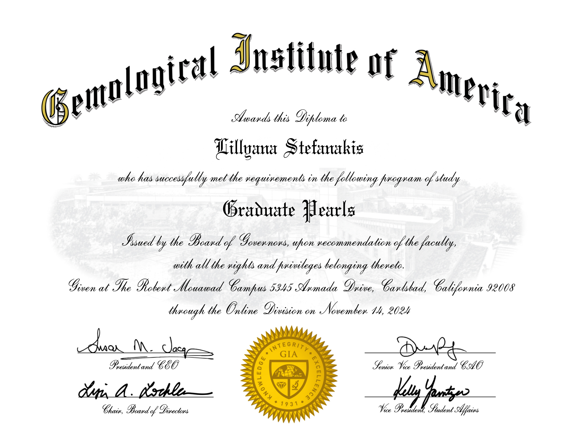 GIA Graduate Pearls diploma awarded to Lillyana Stefanakis